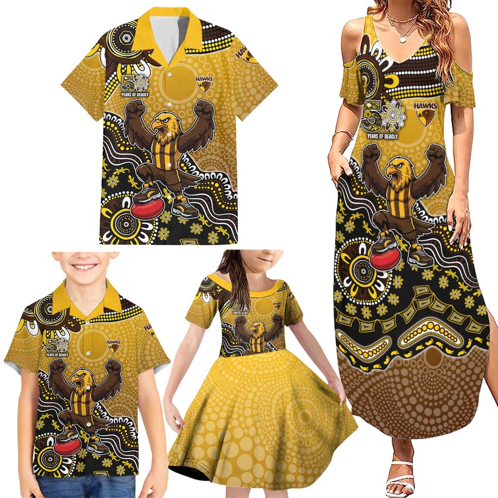 Personalized Hawks Football Mascot Family Matching Summer Maxi Dress and Hawaiian Shirt Aboriginal Dot Art Style Vibrant Indigenous Pattern Design