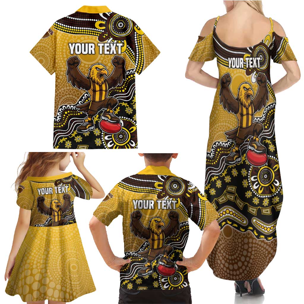Personalized Hawks Football Mascot Family Matching Summer Maxi Dress and Hawaiian Shirt Aboriginal Dot Art Style Vibrant Indigenous Pattern Design