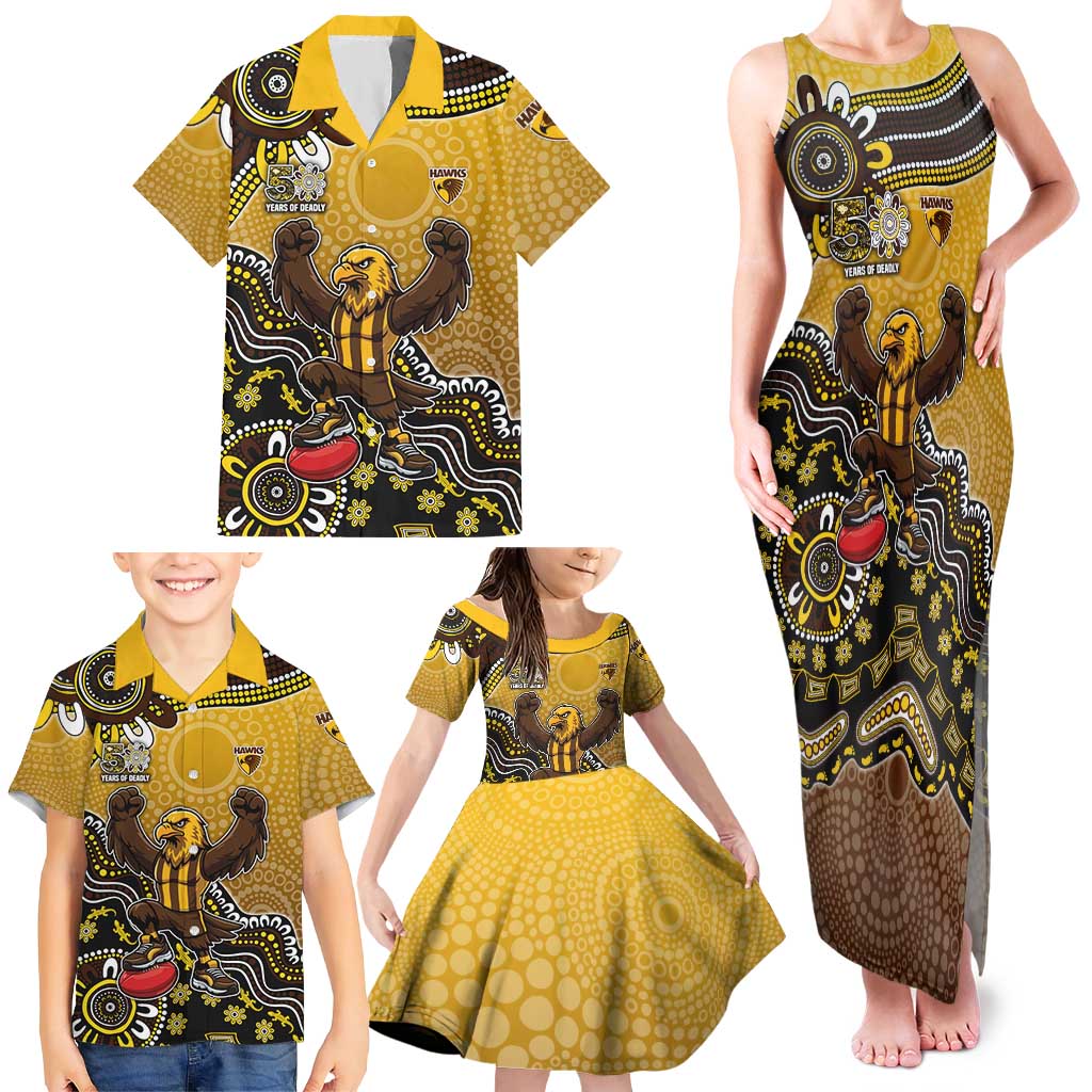 Personalized Hawks Football Mascot Family Matching Tank Maxi Dress and Hawaiian Shirt Aboriginal Dot Art Style Vibrant Indigenous Pattern Design
