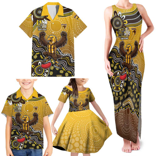 Personalized Hawks Football Mascot Family Matching Tank Maxi Dress and Hawaiian Shirt Aboriginal Dot Art Style Vibrant Indigenous Pattern Design