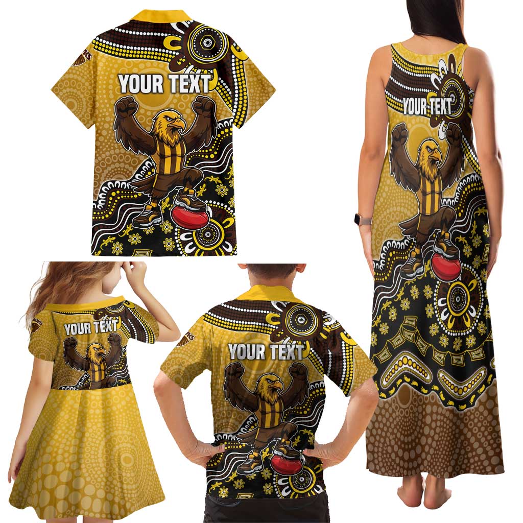 Personalized Hawks Football Mascot Family Matching Tank Maxi Dress and Hawaiian Shirt Aboriginal Dot Art Style Vibrant Indigenous Pattern Design