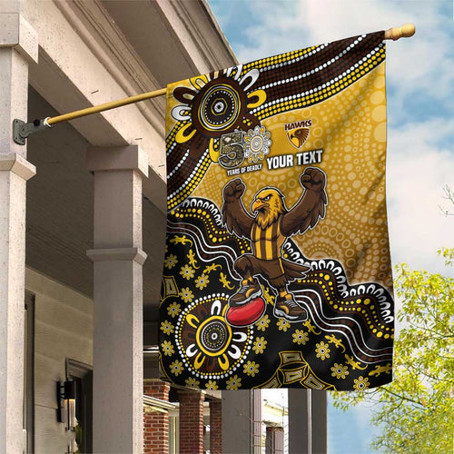 Personalized Hawks Football Mascot Garden Flag Aboriginal Dot Art Style Vibrant Indigenous Pattern Design