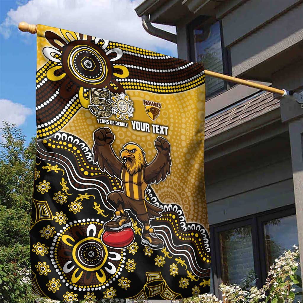 Personalized Hawks Football Mascot Garden Flag Aboriginal Dot Art Style Vibrant Indigenous Pattern Design