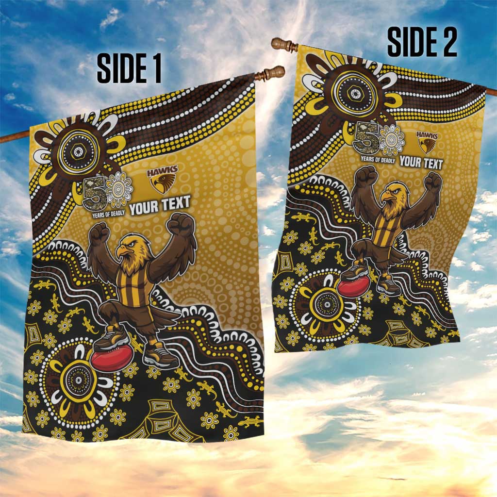 Personalized Hawks Football Mascot Garden Flag Aboriginal Dot Art Style Vibrant Indigenous Pattern Design