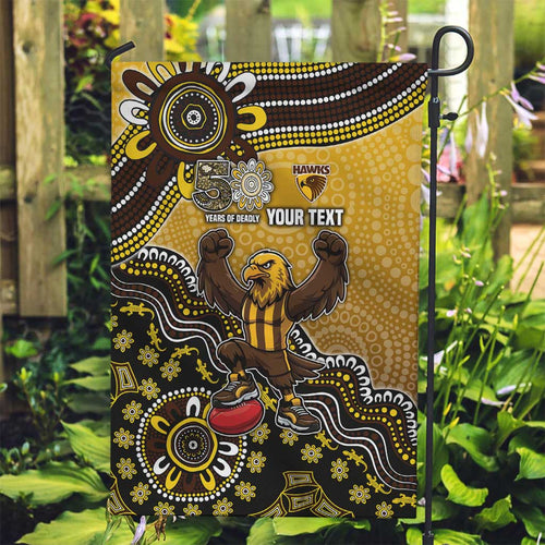 Personalized Hawks Football Mascot Garden Flag Aboriginal Dot Art Style Vibrant Indigenous Pattern Design