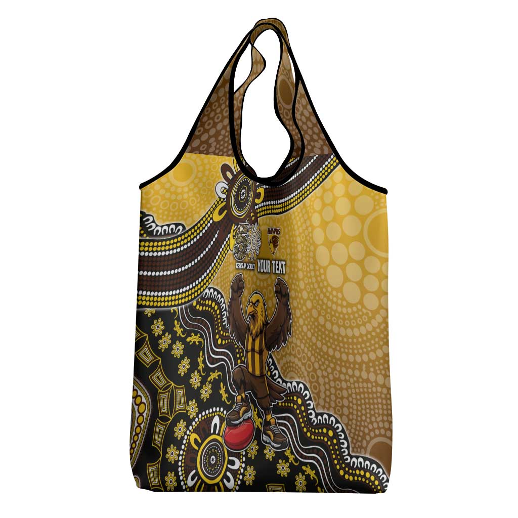 Personalized Hawks Football Mascot Grocery Bag Aboriginal Dot Art Style Vibrant Indigenous Pattern Design