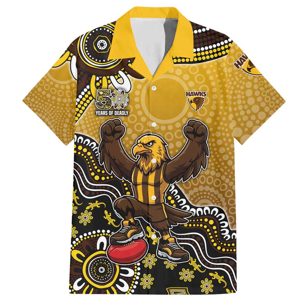Personalized Hawks Football Mascot Hawaiian Shirt Aboriginal Dot Art Style Vibrant Indigenous Pattern Design