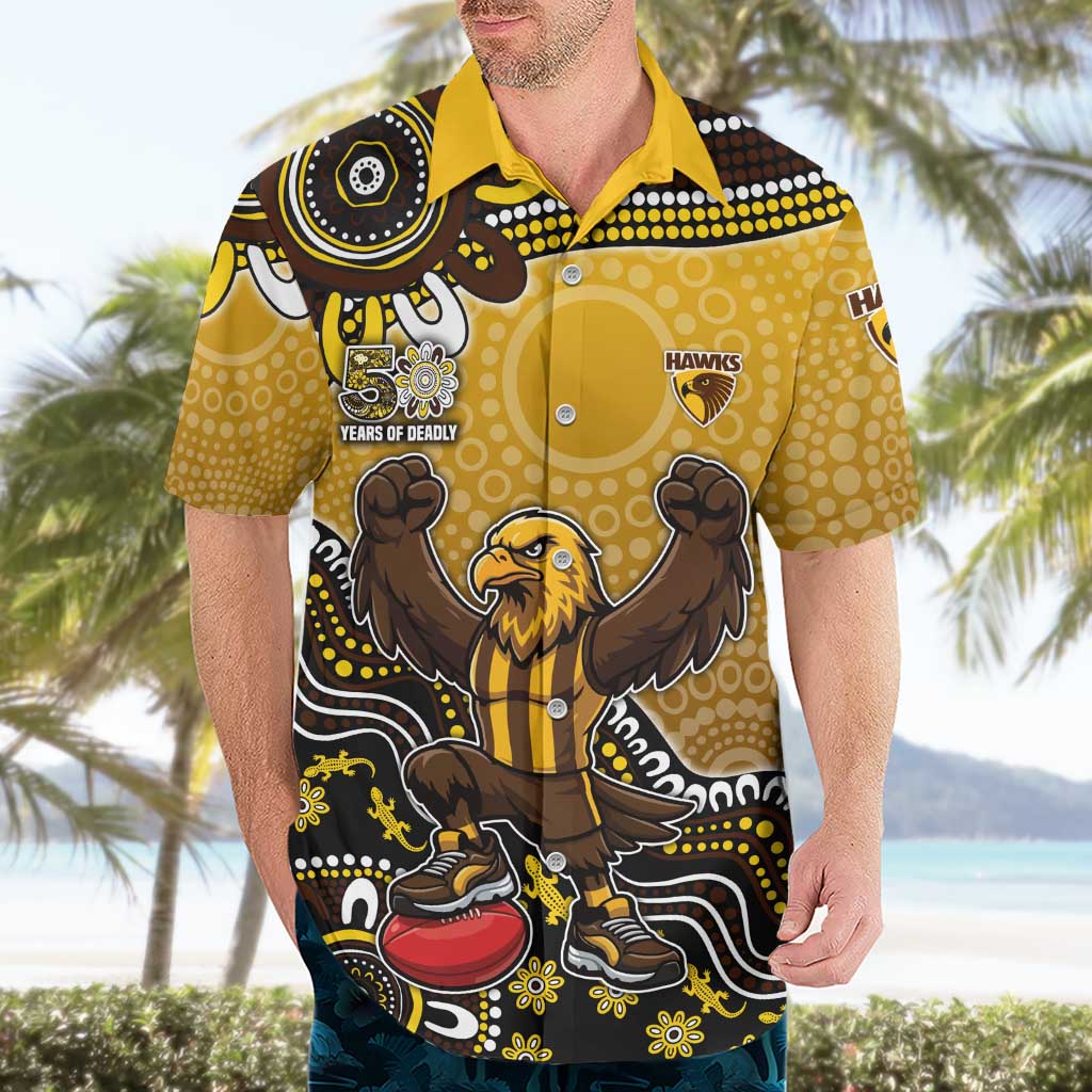 Personalized Hawks Football Mascot Hawaiian Shirt Aboriginal Dot Art Style Vibrant Indigenous Pattern Design