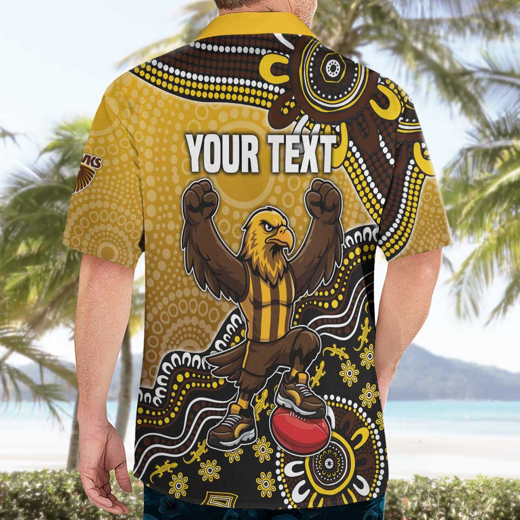 Personalized Hawks Football Mascot Hawaiian Shirt Aboriginal Dot Art Style Vibrant Indigenous Pattern Design