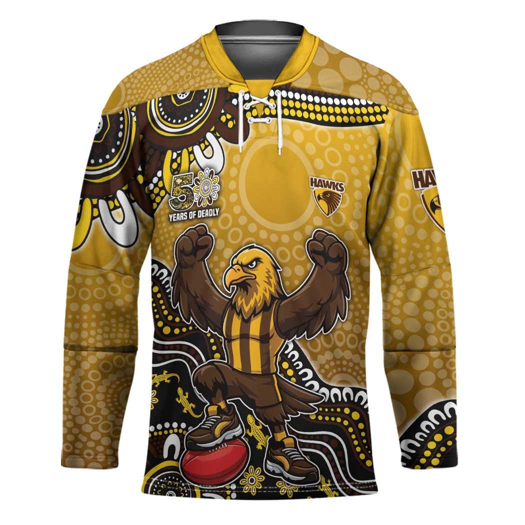 Personalized Hawks Football Mascot Hockey Jersey Aboriginal Dot Art Style Vibrant Indigenous Pattern Design