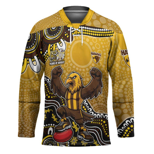 Personalized Hawks Football Mascot Hockey Jersey Aboriginal Dot Art Style Vibrant Indigenous Pattern Design