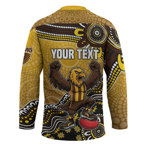 Personalized Hawks Football Mascot Hockey Jersey Aboriginal Dot Art Style Vibrant Indigenous Pattern Design
