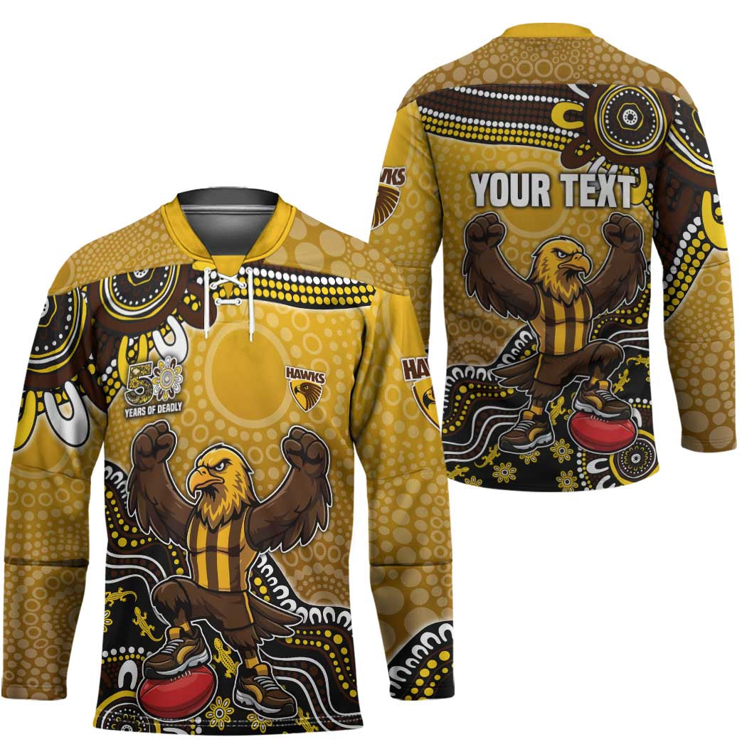 Personalized Hawks Football Mascot Hockey Jersey Aboriginal Dot Art Style Vibrant Indigenous Pattern Design