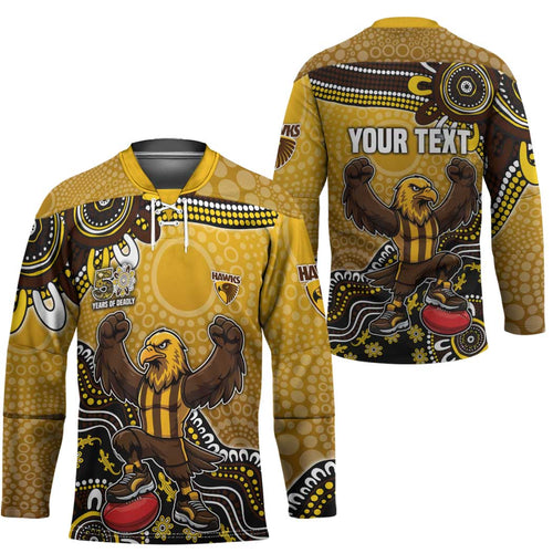 Personalized Hawks Football Mascot Hockey Jersey Aboriginal Dot Art Style Vibrant Indigenous Pattern Design