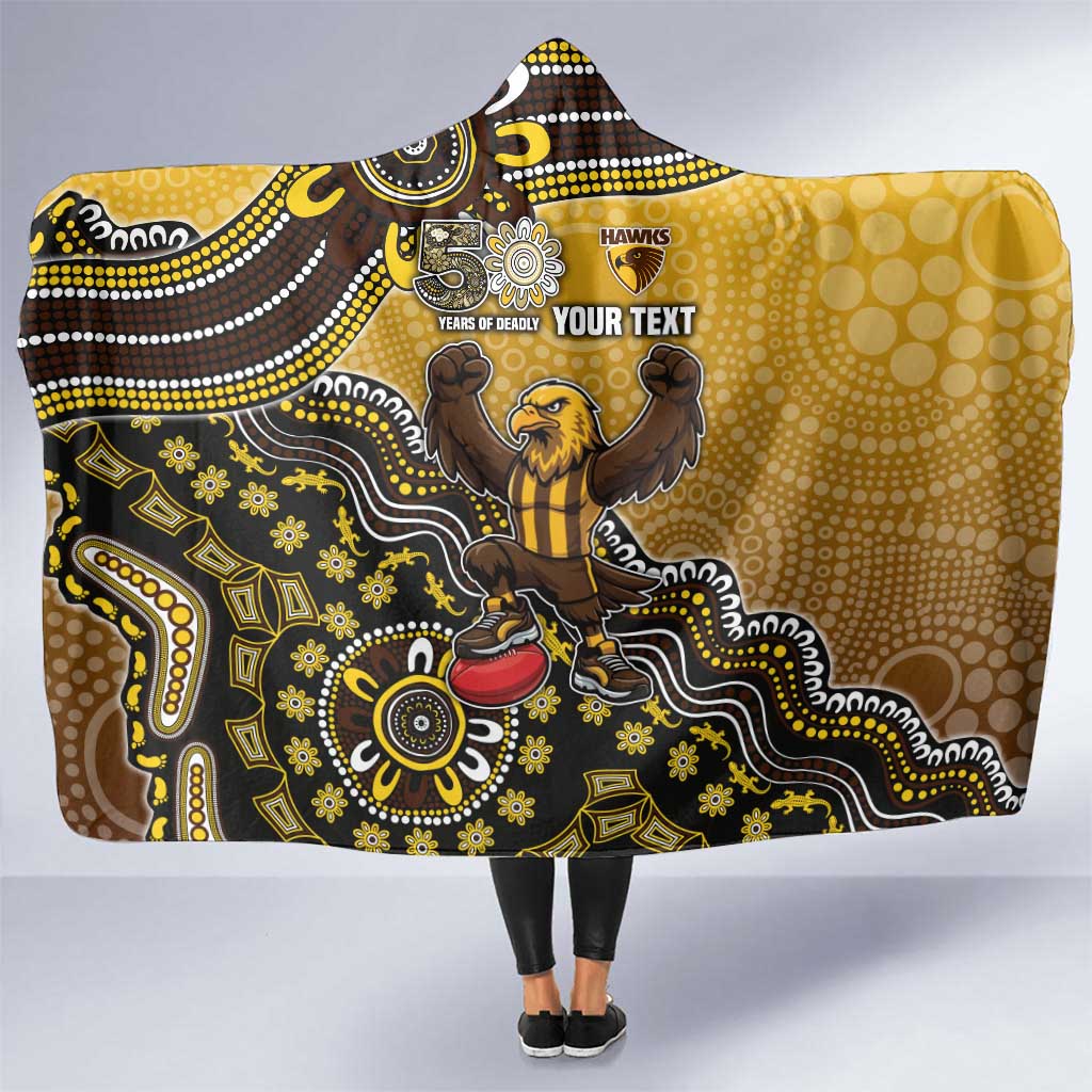 Personalized Hawks Football Mascot Hooded Blanket Aboriginal Dot Art Style Vibrant Indigenous Pattern Design