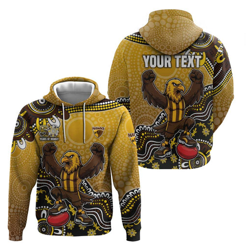Personalized Hawks Football Mascot Hoodie Aboriginal Dot Art Style Vibrant Indigenous Pattern Design
