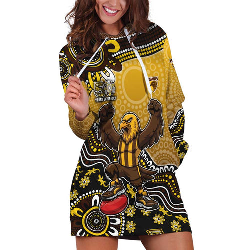 Personalized Hawks Football Mascot Hoodie Dress Aboriginal Dot Art Style Vibrant Indigenous Pattern Design