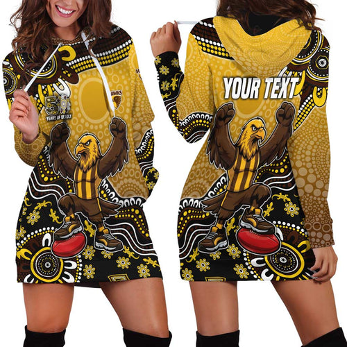 Personalized Hawks Football Mascot Hoodie Dress Aboriginal Dot Art Style Vibrant Indigenous Pattern Design