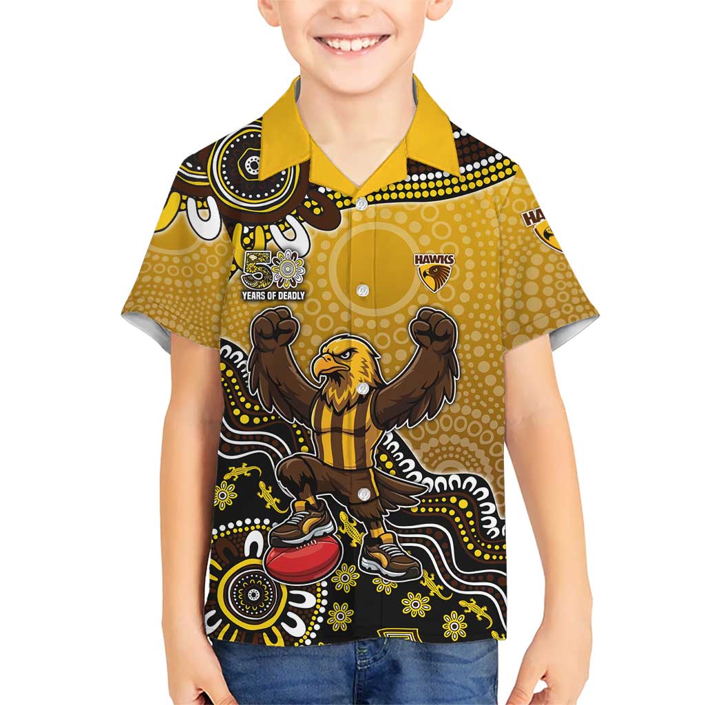 Personalized Hawks Football Mascot Kid Hawaiian Shirt Aboriginal Dot Art Style Vibrant Indigenous Pattern Design