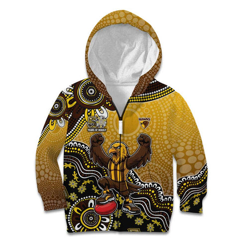 Personalized Hawks Football Mascot Kid Hoodie Aboriginal Dot Art Style Vibrant Indigenous Pattern Design