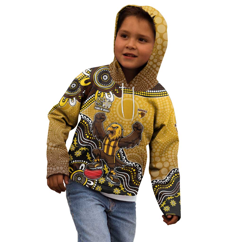 Personalized Hawks Football Mascot Kid Hoodie Aboriginal Dot Art Style Vibrant Indigenous Pattern Design