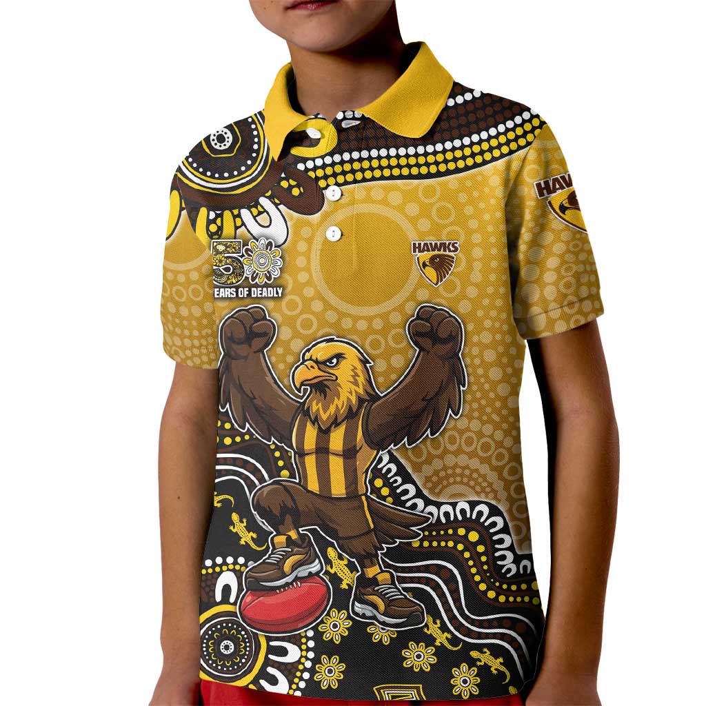 Personalized Hawks Football Mascot Kid Polo Shirt Aboriginal Dot Art Style Vibrant Indigenous Pattern Design