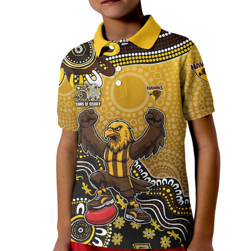 Personalized Hawks Football Mascot Kid Polo Shirt Aboriginal Dot Art Style Vibrant Indigenous Pattern Design