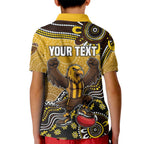 Personalized Hawks Football Mascot Kid Polo Shirt Aboriginal Dot Art Style Vibrant Indigenous Pattern Design