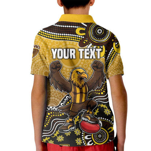 Personalized Hawks Football Mascot Kid Polo Shirt Aboriginal Dot Art Style Vibrant Indigenous Pattern Design