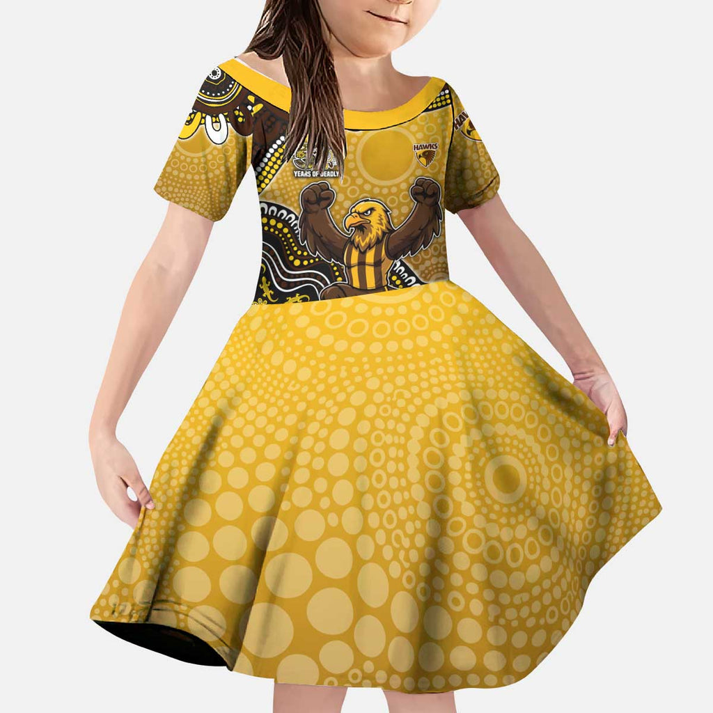 Personalized Hawks Football Mascot Kid Short Sleeve Dress Aboriginal Dot Art Style Vibrant Indigenous Pattern Design