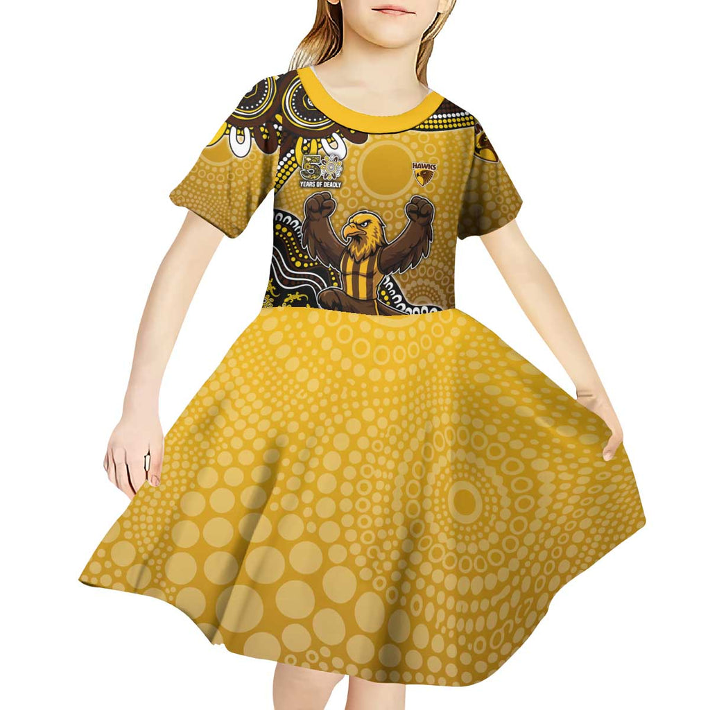 Personalized Hawks Football Mascot Kid Short Sleeve Dress Aboriginal Dot Art Style Vibrant Indigenous Pattern Design