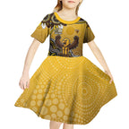 Personalized Hawks Football Mascot Kid Short Sleeve Dress Aboriginal Dot Art Style Vibrant Indigenous Pattern Design