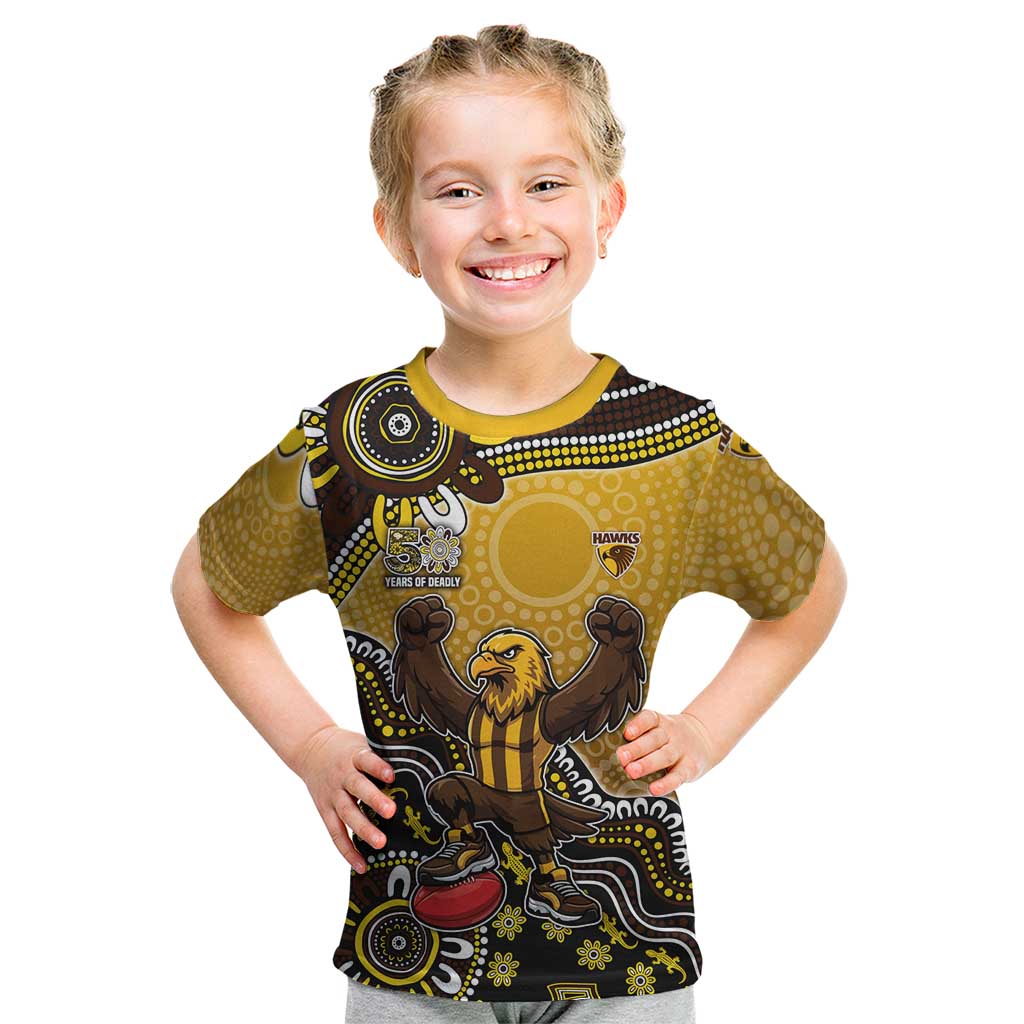 Personalized Hawks Football Mascot Kid T Shirt Aboriginal Dot Art Style Vibrant Indigenous Pattern Design