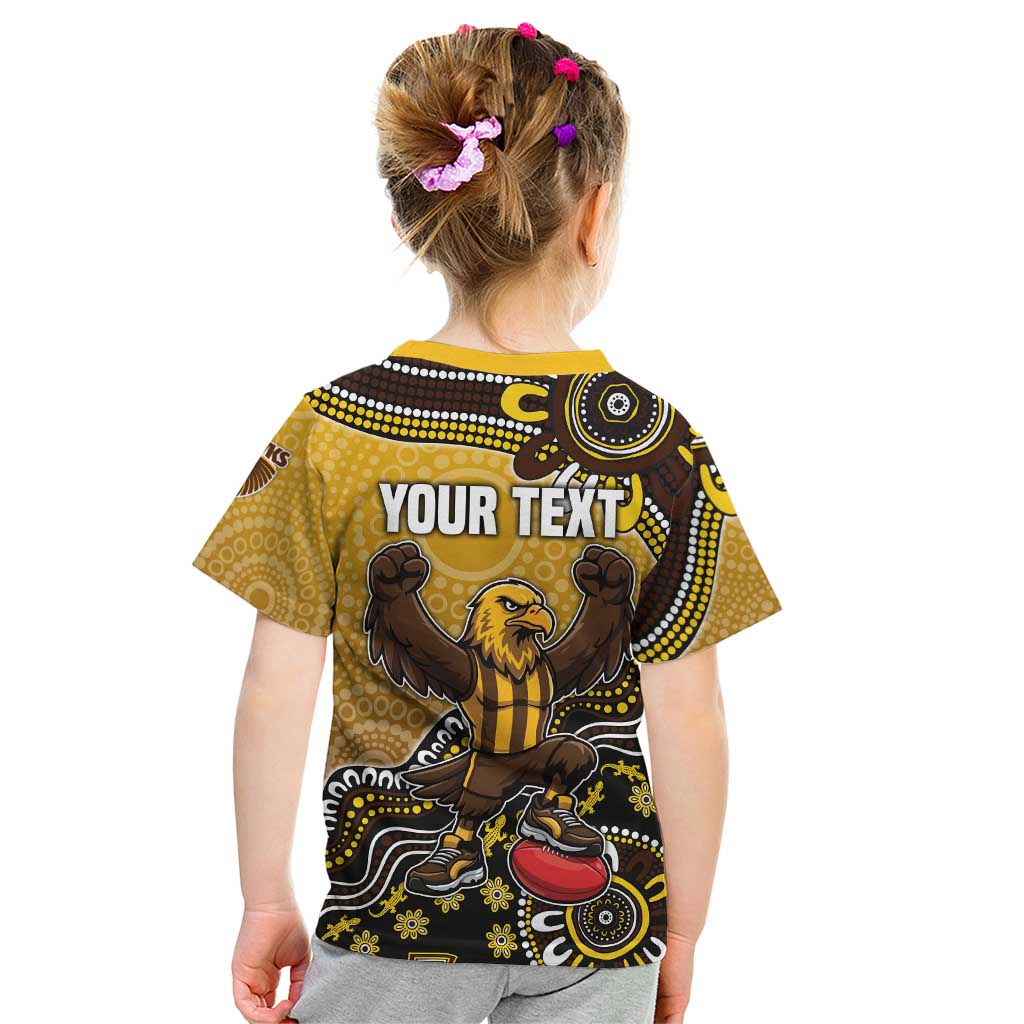 Personalized Hawks Football Mascot Kid T Shirt Aboriginal Dot Art Style Vibrant Indigenous Pattern Design