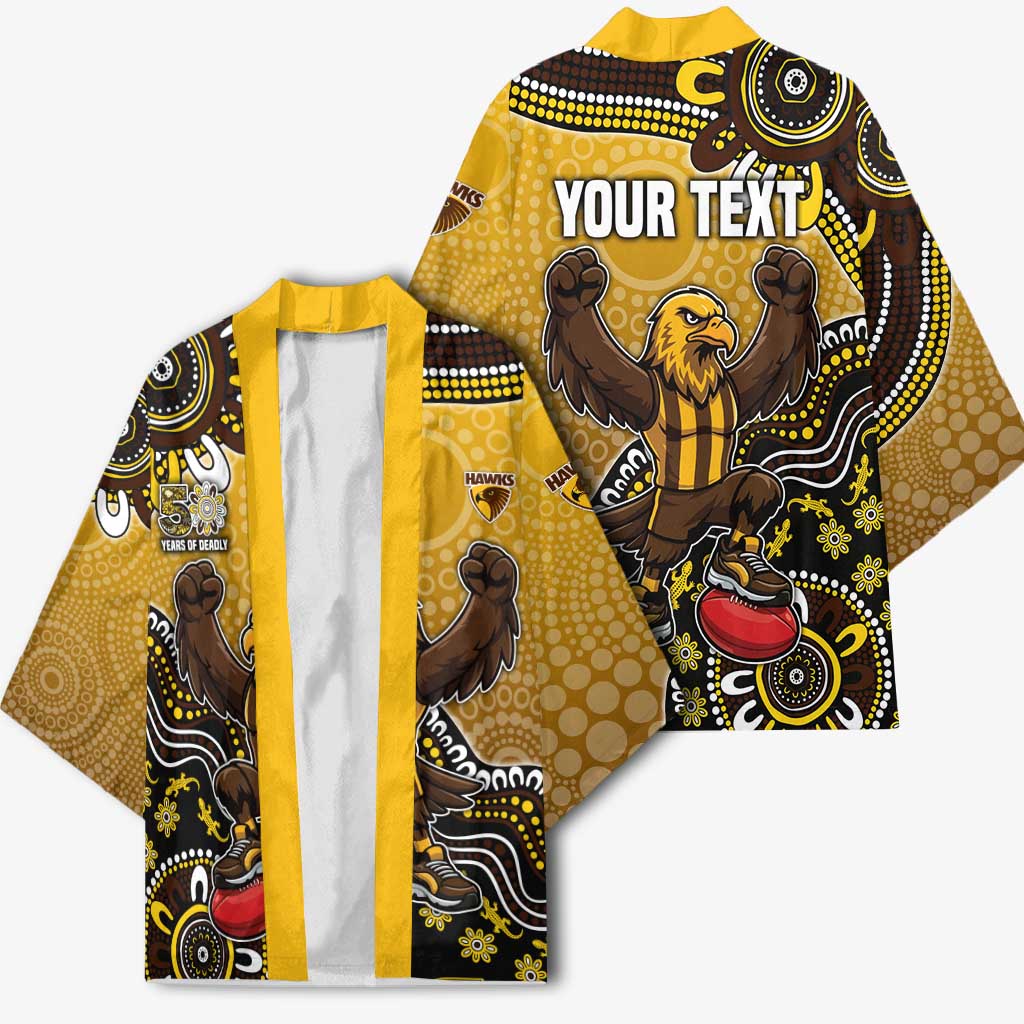 Personalized Hawks Football Mascot Kimono Aboriginal Dot Art Style Vibrant Indigenous Pattern Design