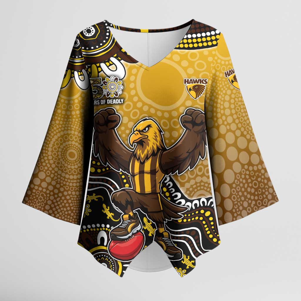 Personalized Hawks Football Mascot Kimono Sleeve Blouse Aboriginal Dot Art Style Vibrant Indigenous Pattern Design