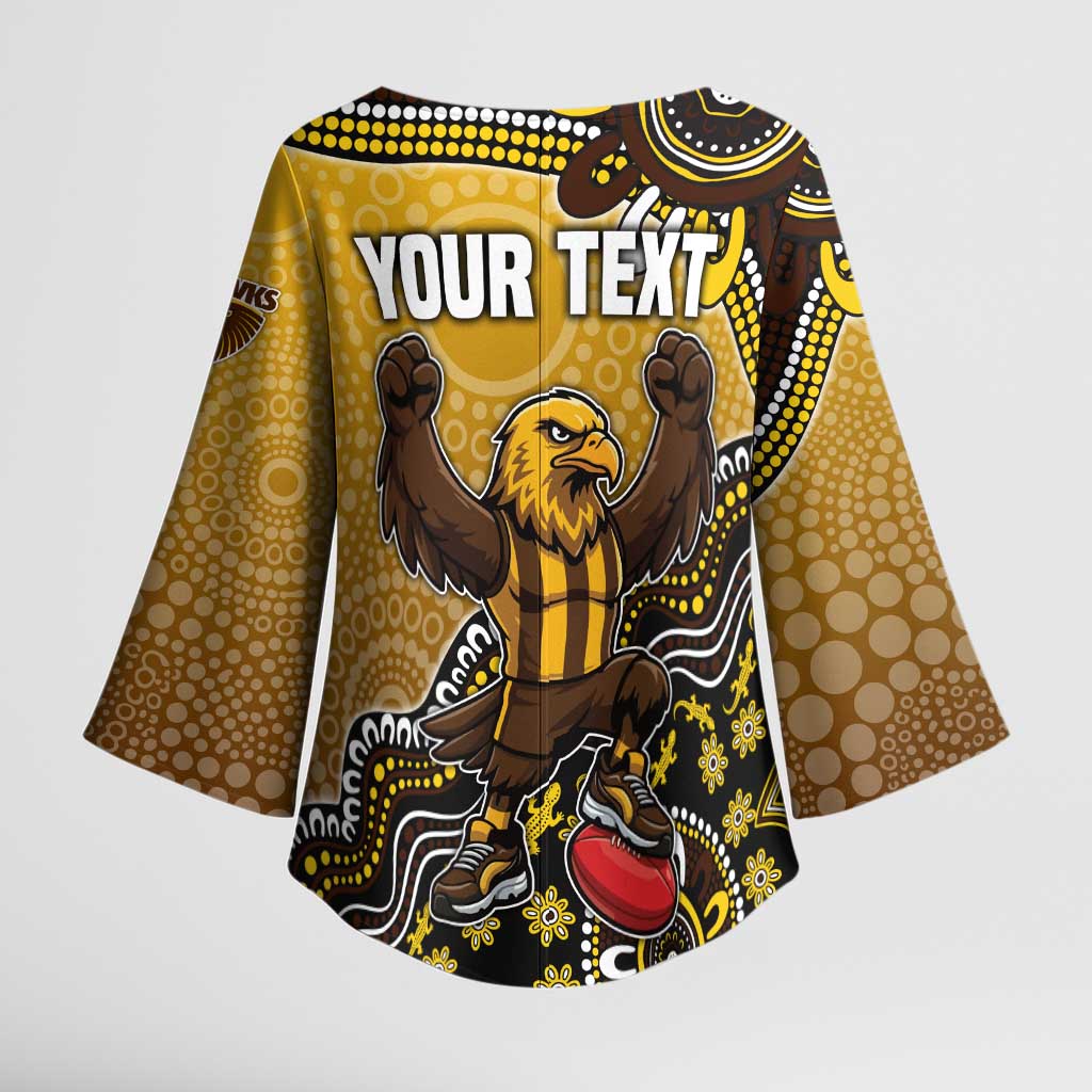 Personalized Hawks Football Mascot Kimono Sleeve Blouse Aboriginal Dot Art Style Vibrant Indigenous Pattern Design