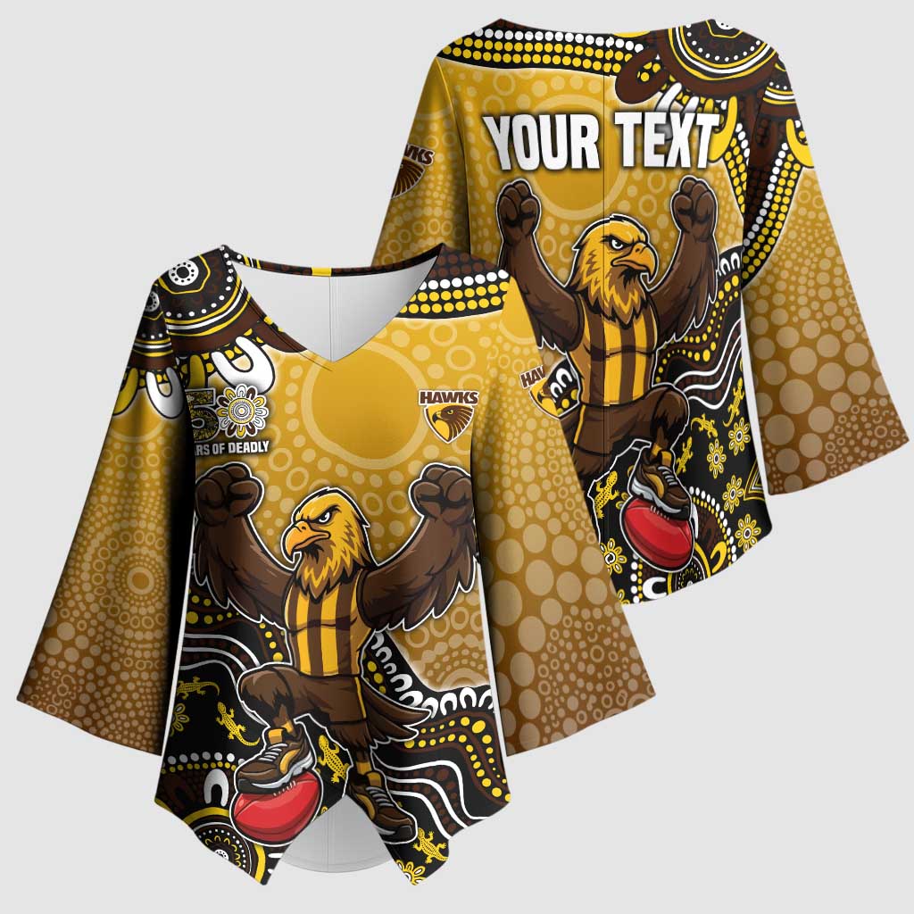 Personalized Hawks Football Mascot Kimono Sleeve Blouse Aboriginal Dot Art Style Vibrant Indigenous Pattern Design