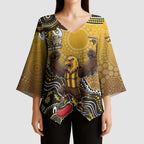 Personalized Hawks Football Mascot Kimono Sleeve Blouse Aboriginal Dot Art Style Vibrant Indigenous Pattern Design