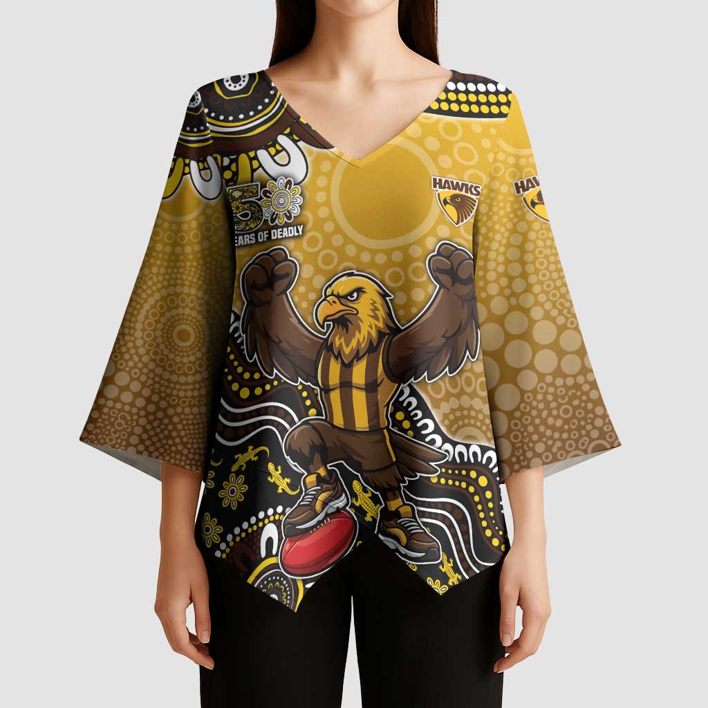 Personalized Hawks Football Mascot Kimono Sleeve Blouse Aboriginal Dot Art Style Vibrant Indigenous Pattern Design