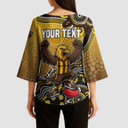 Personalized Hawks Football Mascot Kimono Sleeve Blouse Aboriginal Dot Art Style Vibrant Indigenous Pattern Design