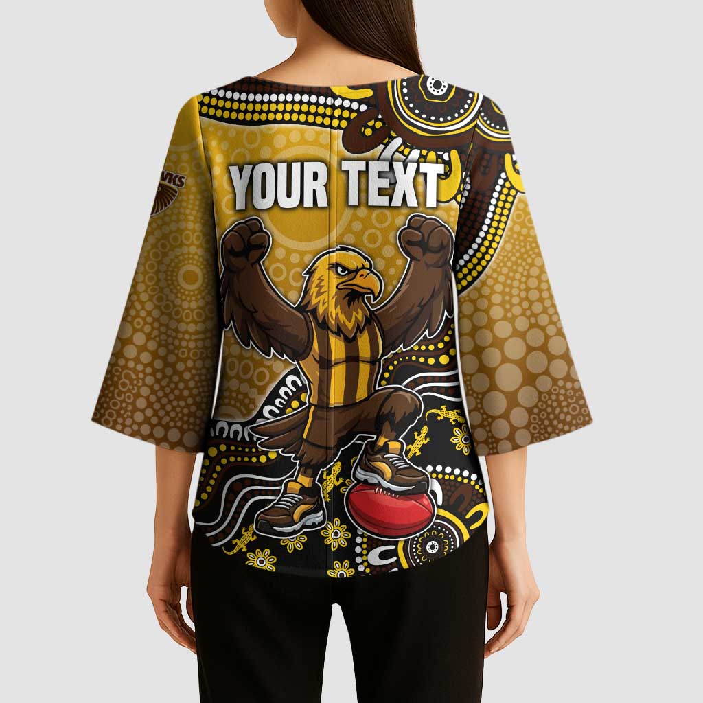 Personalized Hawks Football Mascot Kimono Sleeve Blouse Aboriginal Dot Art Style Vibrant Indigenous Pattern Design