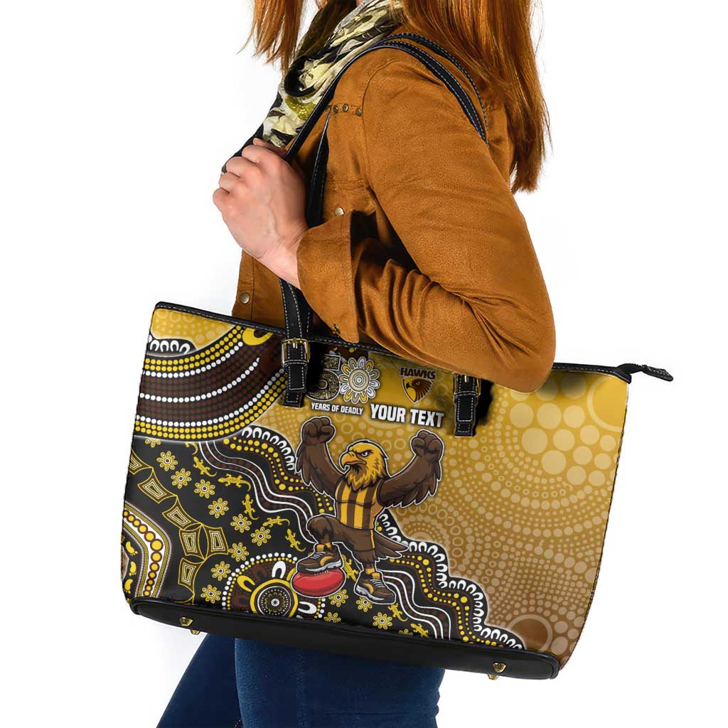 Personalized Hawks Football Mascot Leather Tote Bag Aboriginal Dot Art Style Vibrant Indigenous Pattern Design