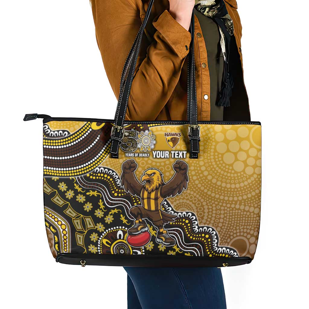Personalized Hawks Football Mascot Leather Tote Bag Aboriginal Dot Art Style Vibrant Indigenous Pattern Design