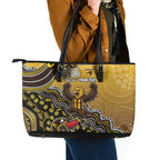 Personalized Hawks Football Mascot Leather Tote Bag Aboriginal Dot Art Style Vibrant Indigenous Pattern Design