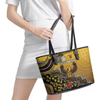 Personalized Hawks Football Mascot Leather Tote Bag Aboriginal Dot Art Style Vibrant Indigenous Pattern Design