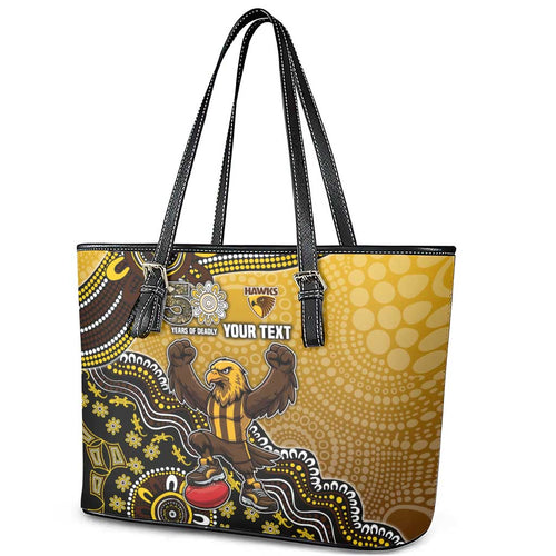 Personalized Hawks Football Mascot Leather Tote Bag Aboriginal Dot Art Style Vibrant Indigenous Pattern Design