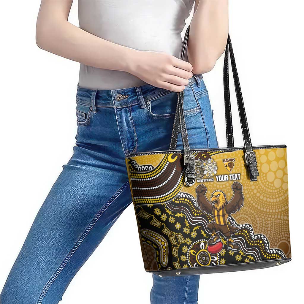 Personalized Hawks Football Mascot Leather Tote Bag Aboriginal Dot Art Style Vibrant Indigenous Pattern Design