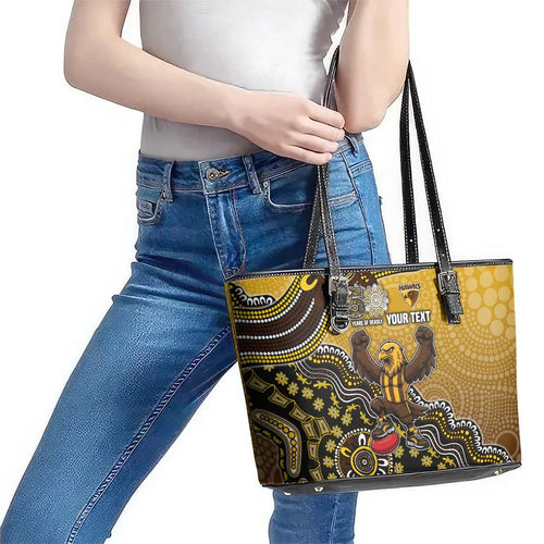 Personalized Hawks Football Mascot Leather Tote Bag Aboriginal Dot Art Style Vibrant Indigenous Pattern Design