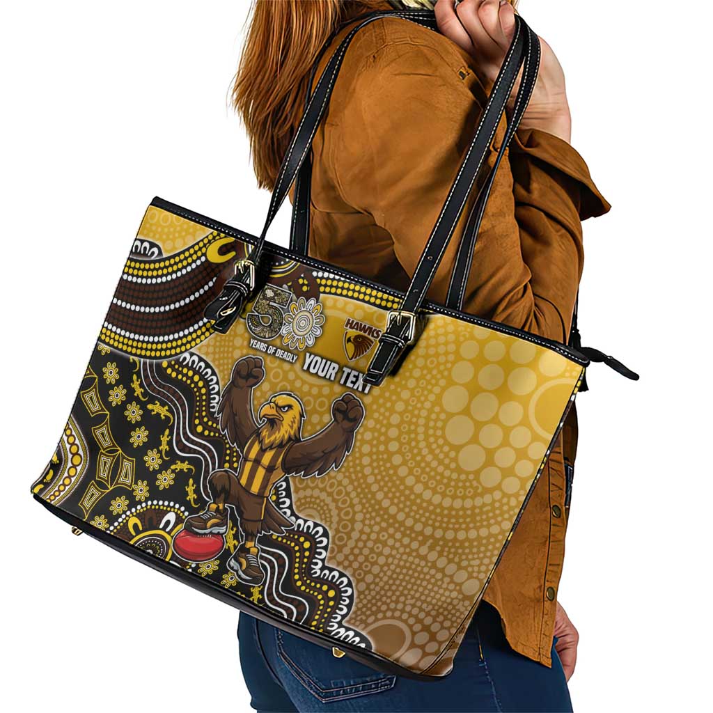 Personalized Hawks Football Mascot Leather Tote Bag Aboriginal Dot Art Style Vibrant Indigenous Pattern Design